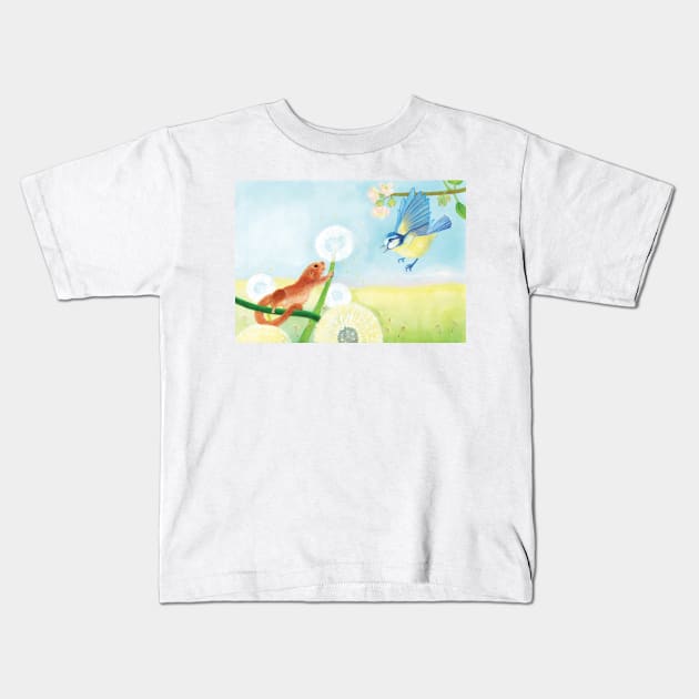 Hazel Dormouse & Great Tit Illustration Kids T-Shirt by Julia Doria Illustration